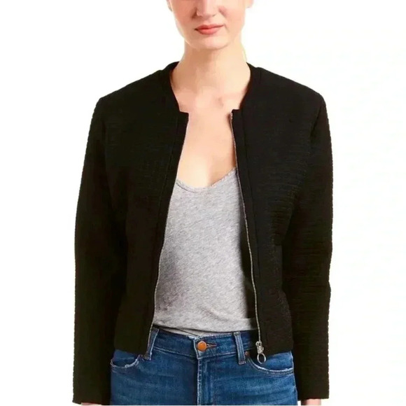MAJE Vio Black Textured Zip Front Elastic Waist Bomber Jacket size S USA/36 EU - Picture 9 of 11